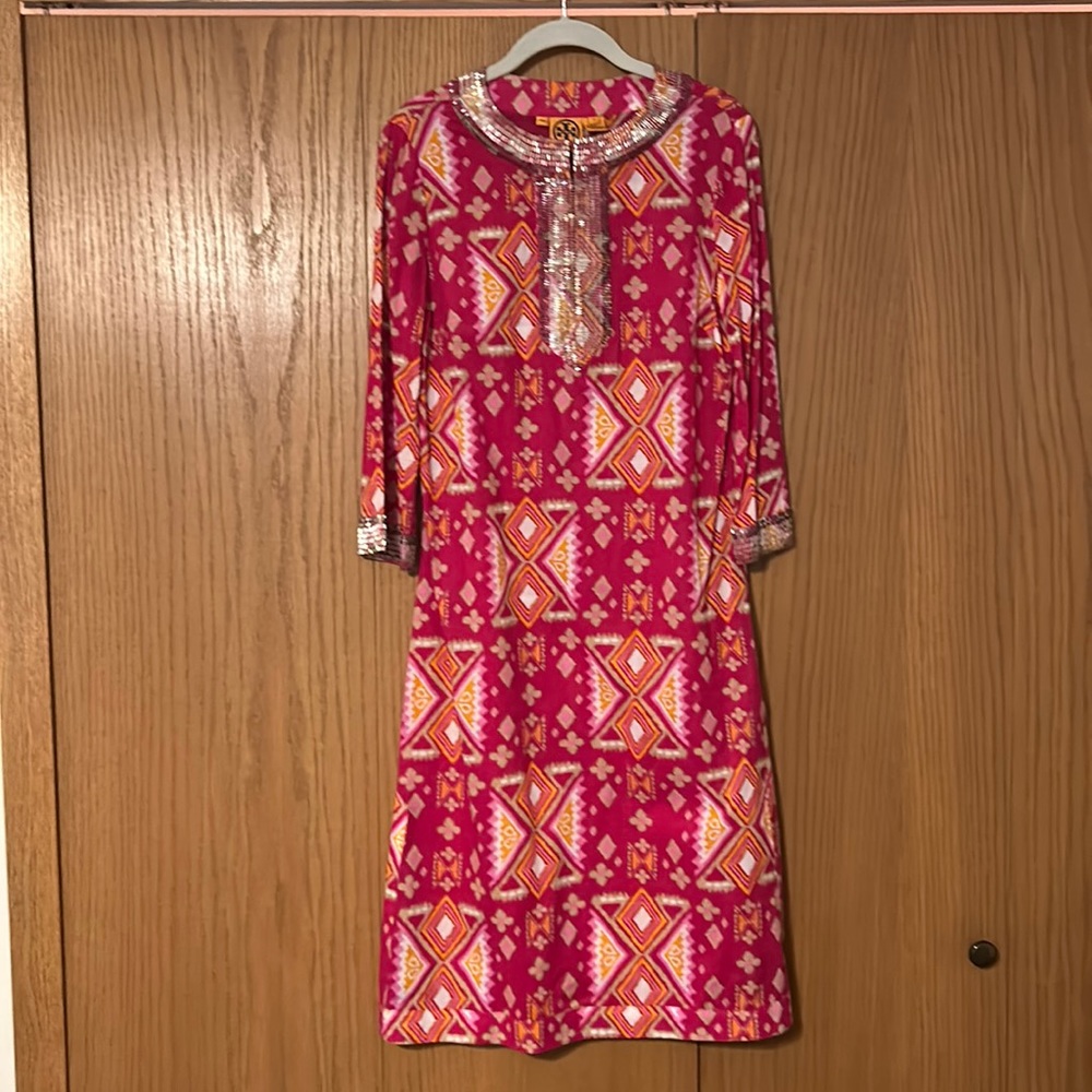 Tory Burch Ikat Pattern Midi Dress with Silver embellishments